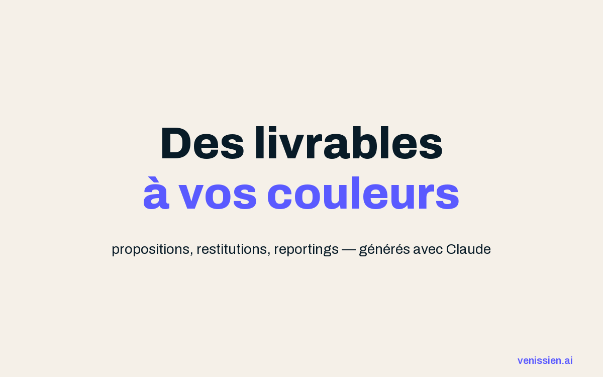 Livrables générés avec le skill charte graphique : présentation, reporting et proposition aux couleurs du cabinet